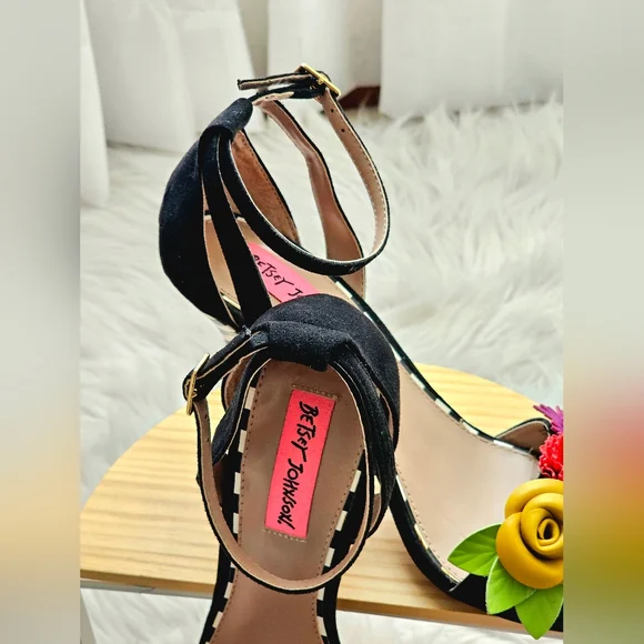 Betsey Johnson Black + White Striped Floral Heels - Picture 2 of 5